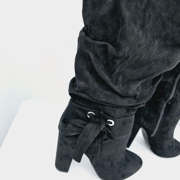 JustFab Pilara Over The Knee Heels Boots 10 Black Faux Suede Slouch Side Zip Bow - Picture 8 of 13